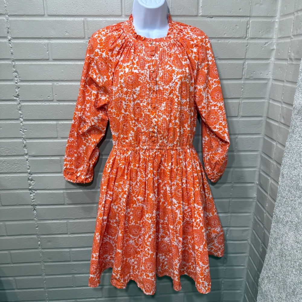 J Crew Ruffle Collar Mini Dress Cotton Poplin‎ Floral Bouquet Orange Paisley Med - Picture 4 of 16